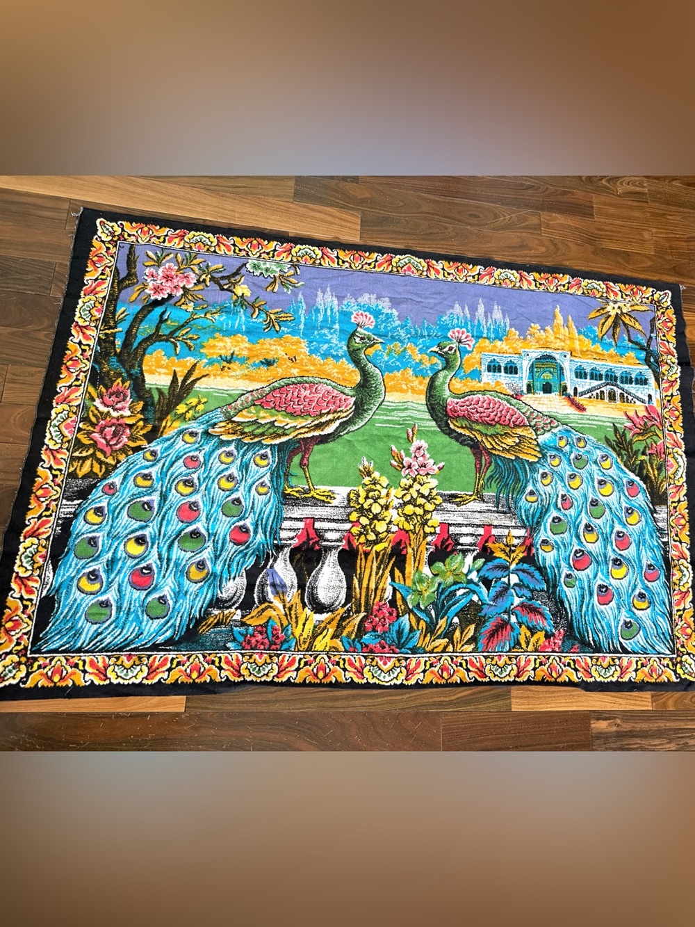 Vintage Double Peacock Wall Hanging Tapestry Cotton Velvet Tone Turkey 55 X 37
